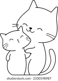 Cat and kitten vector illustration. Black and white outline Cat and kitten coloring book or page for children