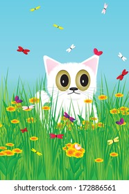 Cat. Kitten of white color and color butterflies against flowers and the sky.