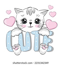 Cat kitten white face head with lettering inscription Cute 