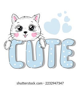 Cat kitten white face head with lettering inscription Cute 