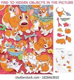 Cat with kittens and dog with puppies having fun together. Find 10 hidden objects in the picture. Puzzle Hidden Items. Funny cartoon character
