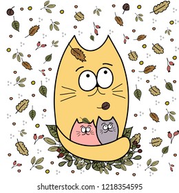 Cat with kittens with falling autumn leaves
