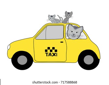 Cat and kittens go by taxi. Vector.