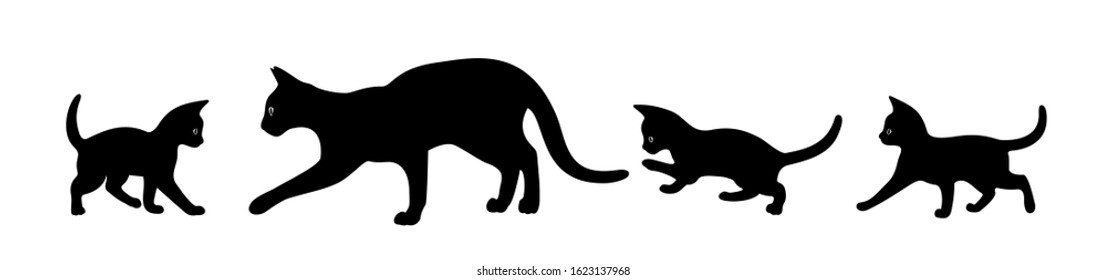 Cat with kittens walking. Vector isolated black silhouettes on a white background. The Symbols Of Halloween. Can be used as a sticker template, logo elements and icons for web design. Flat style.
