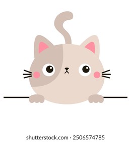Cat kitty beige silhouette holding empty paper. Peeking kitten. Paws. Cute kawaii cartoon funny baby character. Happy Valentines Day. Childish style. Greeting card. White background Flat design Vector