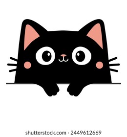 Cat kitty black silhouette holding empty paper. Peeking kitten. Paws. Cute kawaii cartoon funny baby character. Happy Valentines Day. Childish style. Greeting card. White background Flat design Vector