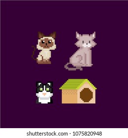 Cat kitty icon set. Pixel art. Old school computer graphic. 8 bit video game. Game assets 8-bit sprite.