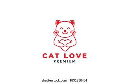 cat or kitty or kitten or pet hold love heart cute cartoon logo  vector illustration design 