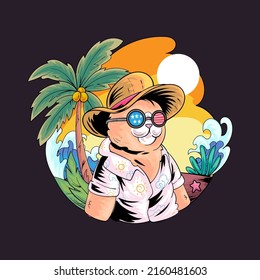 cat kitty on summer holiday beach pool sea Illustration premium vector