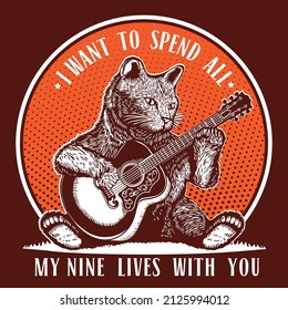 Cat Kitty Playing Acoustic Guitar Nine Lives