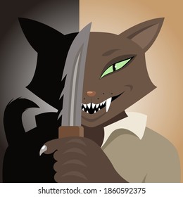 Gato con un cuchillo. Gato marrón. Gato sonriente