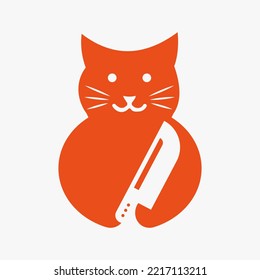 Plantilla de vectores de concepto de espacio negativo con logotipo de Cuchillo de gato. Símbolo del cuchillo de sujeción de gato