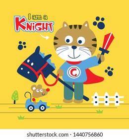 cat is a knight playing with mouse funny animal cartoon,vector illustration