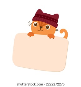 Cat in a knitted hat with empty banner. Cute kitten character. Mascot of goods for pets. Knitwear for cats. Winter postcard. Vector illustration.