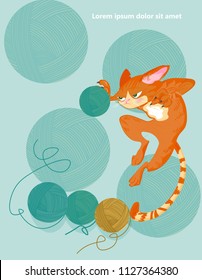 Cat and knitting ball Vector. Cartoon character funny illustrations
