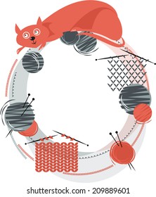 Cat with a knitting and balls of yarn. Vector illustration