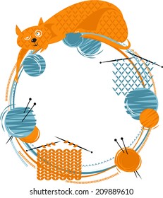 Cat with a knitting and balls of yarn. Vector illustration