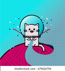 The cat is knitting.Trendy outline emoticon. Flat line emoji vector illustration. Braids pattern. Knitting background.