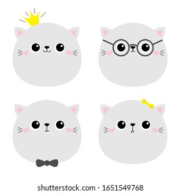 Cat ktten face icon set. Cute kawaii kitty animal. Crown, glassess, bow, sunglasses. Kids print poster, t-shirt. Cartoon funny baby. Love Scandinavian style. Flat design. White background. Vector