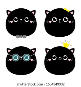Cat ktten face icon set. Kids print poster, t-shirt. Cute black kawaii kitty animal. Crown, glassess, bow, sunglasses. Cartoon funny baby. Love Scandinavian style Flat design White background Vector