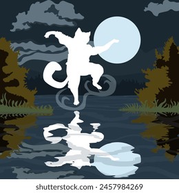 Cat, a kung fu master, meditates and flies over a lake on a moonlit night. The illustration is made in dark and cold tones. Conveys calmness, meditation, restraint, mastery, admiration.