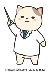 A cat in a lab coat giving an explanation with a conducting rod.