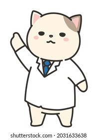 A cat in a lab coat pointing.