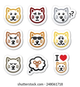 cat labels set - happy, sad, angry isolated on white