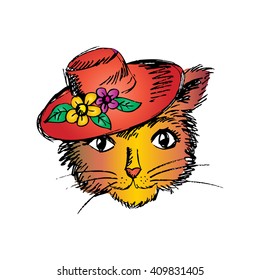 Cat in a ladies' hat. Doodle style
