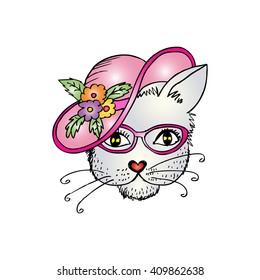 Cat in a ladies' hat. Vector illustration.