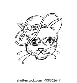 Cat in a ladies' hat. Vector illustration.