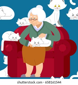 Cat lady pattern. Grandmother and cat sitting on chair pattern. granny ornament . grandma and pet background. old woman and animal. gammer and Beast texture