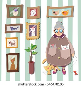 Cat Lady set. Cartoon style character and objects for illustration building