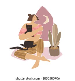 Cat lady trendy scenery in washed colors. Modern persona illustration with young woman holding black cat, window with night sky and moon, and potted plant.