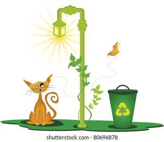 The cat and the lamp. Cat under a lamp. He is looking at a butterfly. It also has a trash can to recycle.