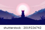 Cat in landscape vector illustration - Silhouette of animal looking at sunset at dawn in beautiful nature landscape