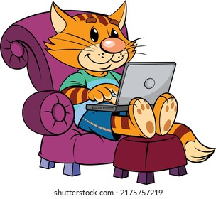 Cat with laptop. Color vector illustration of a cartoon red cat with laptop sitting in armchair.