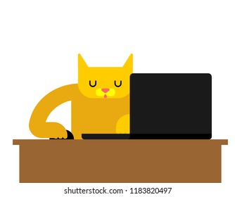 Cat Laptop Working. Pet And Notebook. Vector Illustration