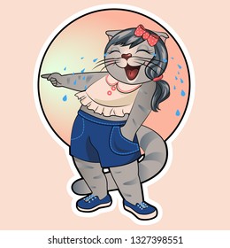 Cat laughs a lot and shows a finger, illustration