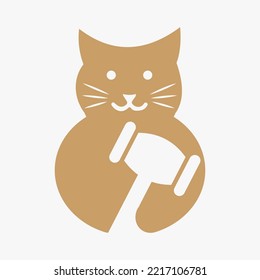 Cat Law Logo Negative Space Concept Vector Template. Cat Holding Hammer Symbol