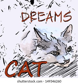 Cat lay on the floor and dreaming. Sweetheart muzzle cat. Head of the gray cat vector drawing