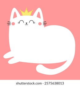 Cat laying. Cute face head. White kitten girl princess golden crown. Cartoon funny kitty character. Kawaii animal in love. Happy Valentines Day. Love Greeting card. Flat design. Pink background Vector