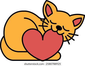 A cat is laying down with a heart in its mouth. The heart is red and the cat is orange