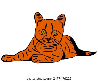 Cat laying down vector line illustration.