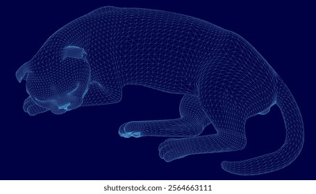 Cat is laying on a blue background. The cat is in a relaxed position, and the background is dark blue