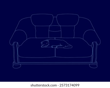 Cat is laying on a couch. The couch is blue and has a pillow on it