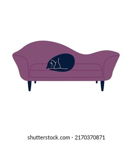 Cat laying on sofa. Cat sleeps on cozy comfy couch, happy sleeping pet, domestic animal drawing. Vector abstract art