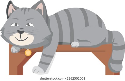 Cat laying on wooden shelf. Cartoon smiling animal