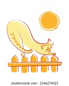 The cat lazily stretches on the fence, basking in the sun. Vector illustration, can be used for children's book design