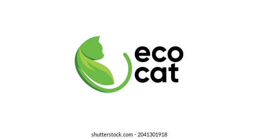 Cat with leaf, eco cat logo design template